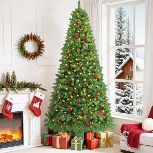 Firstness 6/7.5/9ft Pre-Lit Pre-Decorated Artificial Christmas Tree with Lights and Branch Tips,Hinged Xmas Tree,Pine Cones and Red Berries