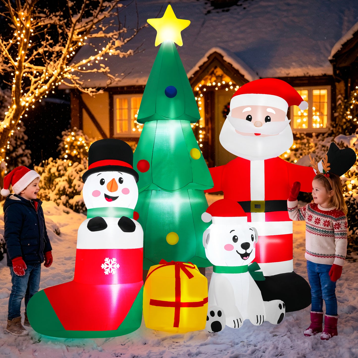 Firstness 7ft Christmas Inflatables Outdoor Decoration,Blow ups Santa Xmas Tree Snowman Bear Gift Box with LED Lights for Yard
