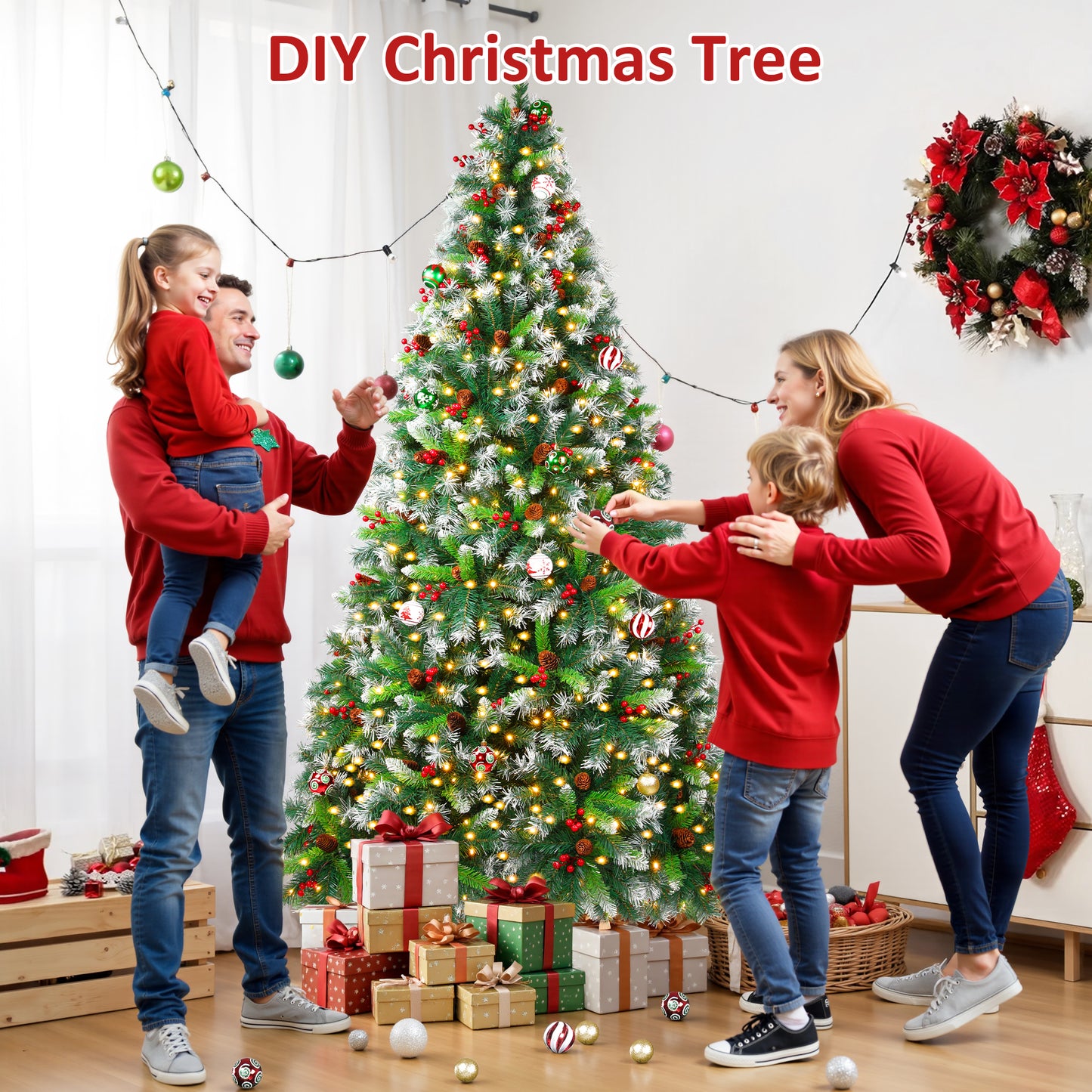 Firstness 6ft Pre-Lit Artificial Christmas Tree,Green Xmas Tree with 1000 Branch Tips 300 LED Lights,Pine Cones + Red Berries