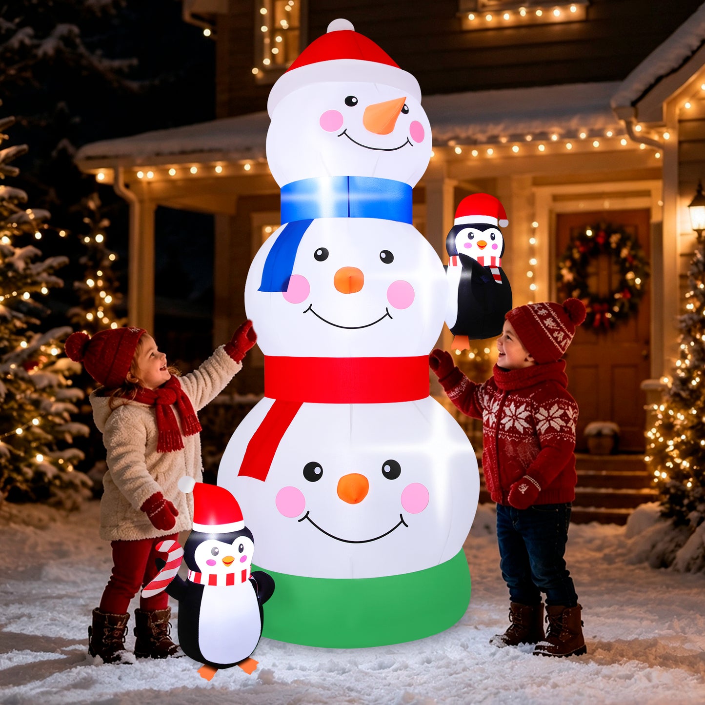 Firstness 6ft Tall Christmas Inflatables Three Snowman Two Penguins Christmas Blow ups Outdoor Decoration with LED Lights for Yard Garden Lawn