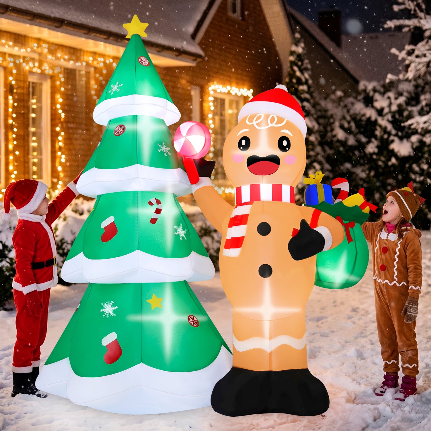 Firstness 6ft Tall Christmas Inflatables, Gingerbread Man and Christmas Tree Blow ups with LED Lights for Outdoor Yard Lawn Decorations