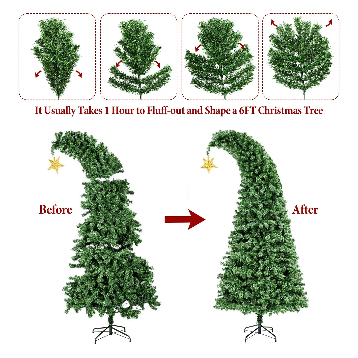 6/7.5FT Christmas Tree Crooked Neck, Prelit Artificial Xmas Tree with 600 Colorful Lights & 11 Modes, 1200 Branch Tips, PVC Bendable Top Christmas Tree for Home, Shop, Office, School Holiday Decor