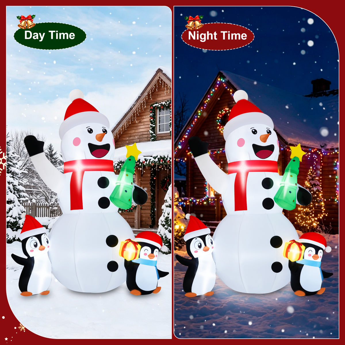 Firstness 6ft Christmas Inflatables, Snowmen Penguin Christmas Tree Gift Box with LED Lights Xmas Blow ups for Outdoor Yard Party Decorations
