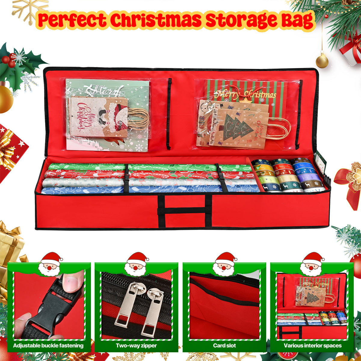 Firstness Christmas Wrapping Paper Storage Organizer,with Flexible Partitions and Pockets