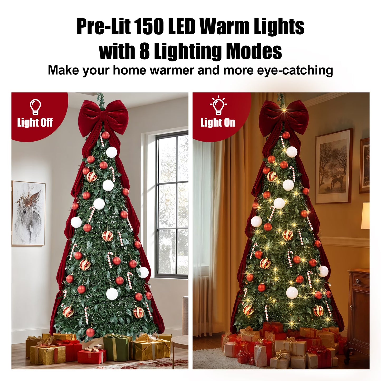 Firstness Christmas Tree 6/7.5FT, Pop up Pre Decorated Pre Lit Artificial Xmas Tree with 150 LED Lights, Large Bow & Ornaments, Lighted Christmas Tree for Holiday Party Decorations, Easy Installation