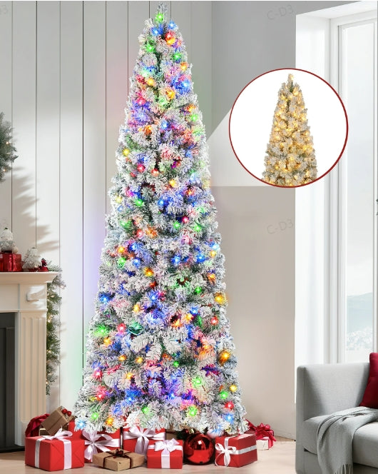 Firstness 6/7.5/8/9ft Pre-Lit Flocked Portland Pine Pencil Artificial Christmas Tree