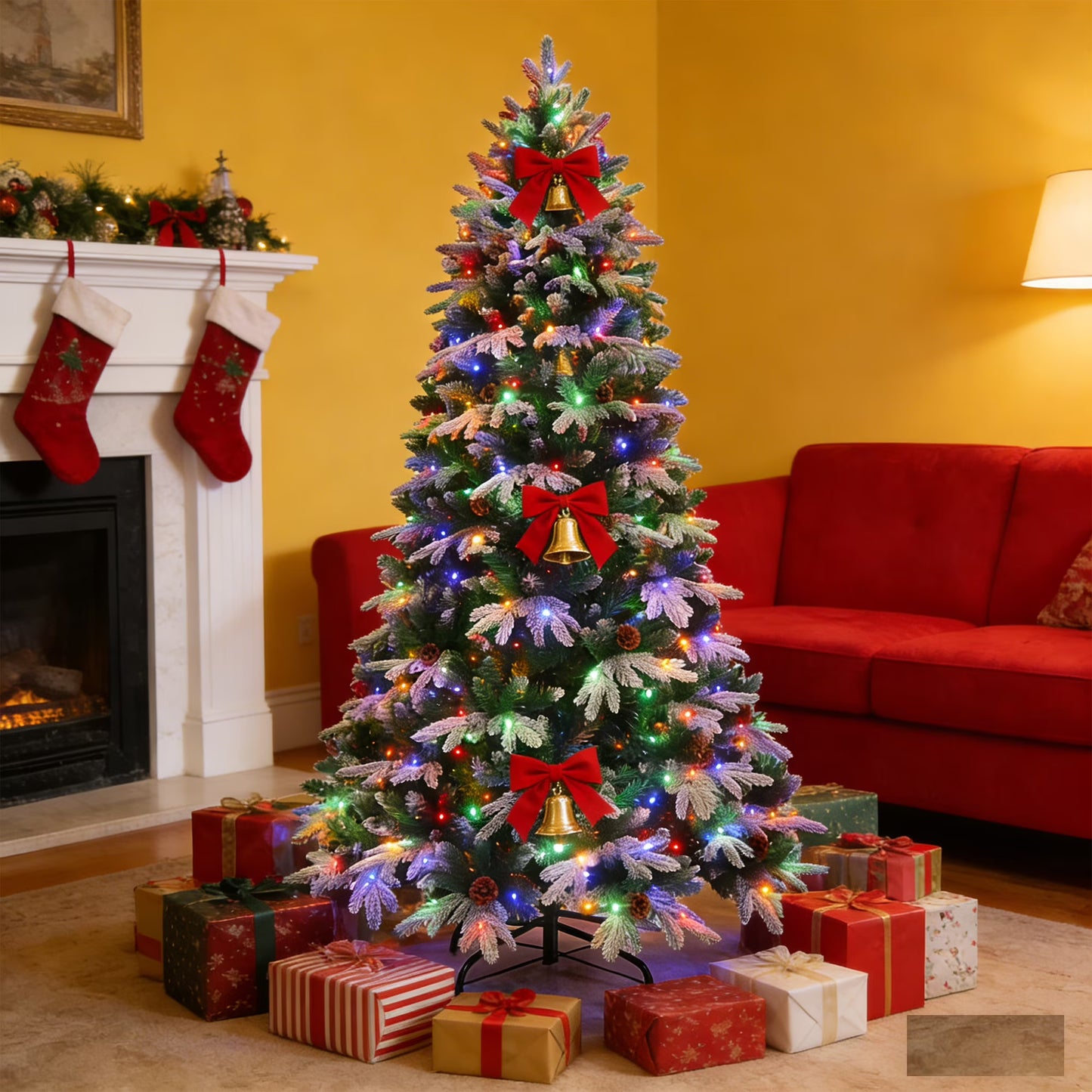 Firstness 6ft Christmas Tree PE Flocked Artificial Christmas Tree with Colorful Lights,Green White