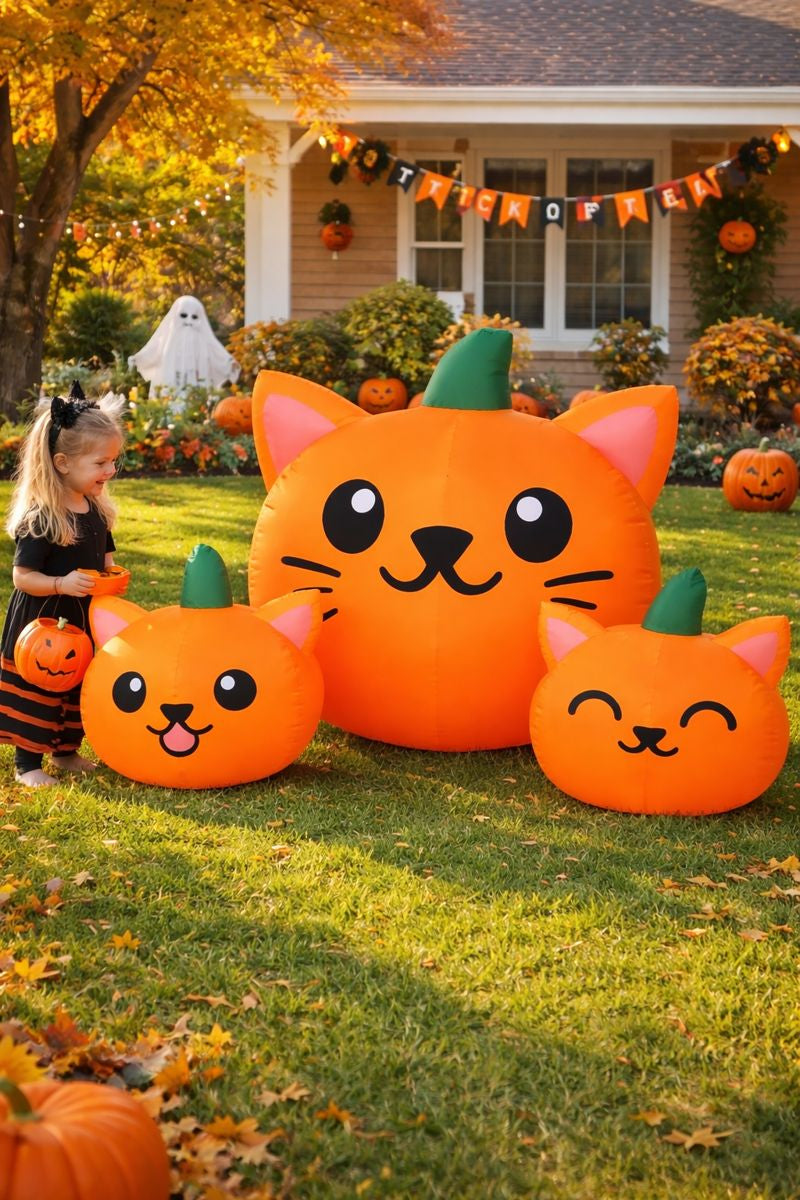 Firstness 6FT Long Halloween Inflatable Pumpkins Cat Outdoor Decorations,3 Pumpkins with Lights for Party Yard