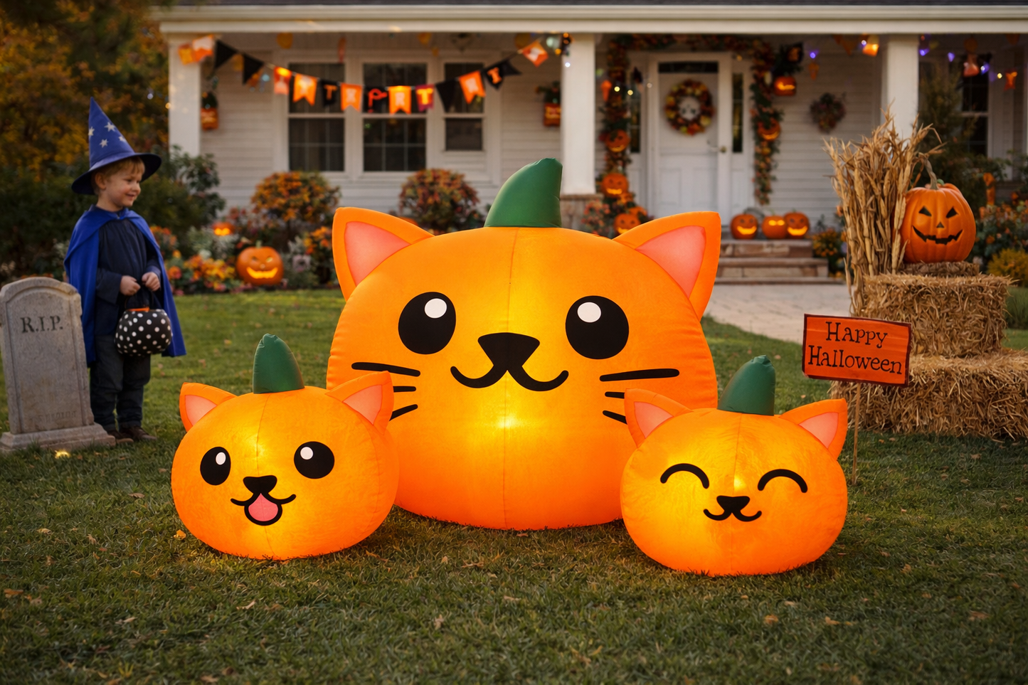 Firstness 6FT Long Halloween Inflatable Pumpkins Cat Outdoor Decorations,3 Pumpkins with Lights for Party Yard