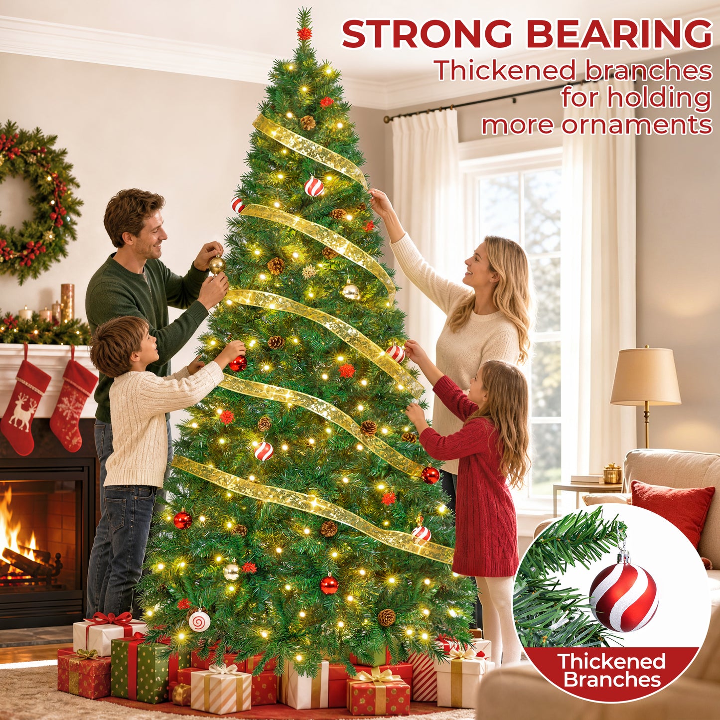 Firstness 6ft Pre-Lit Christmas Tree with 925 Branch Tips, Green Artificial Xmas Tree with Pine Cones, 8 Lighting Modes