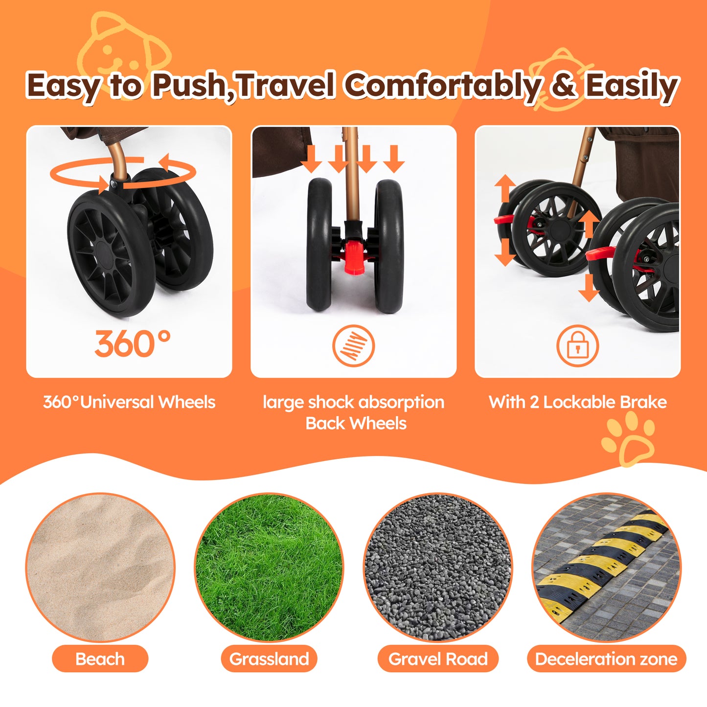 Monasem 4 Wheels Foldable Pet Stroller 3 in 1 with Waterproof Detachable Pets Travel Carrier for Small/Medium Dogs Cats up to 60lbs, Brown