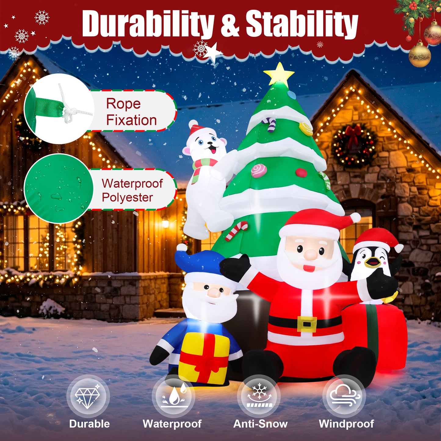 Firstness 7ft Christmas Inflatables with LED Lights,Blow ups Santa Claus Christmas Tree Penguin Bear Gift Boxs Xmas Outdoor Yard Decoration