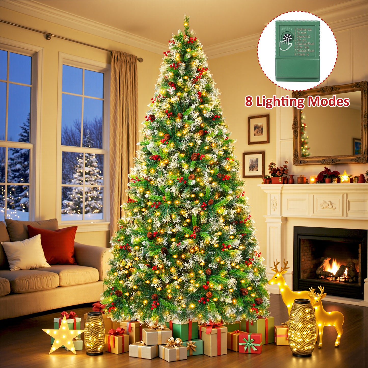 Firstness 6ft Pre-Lit Artificial Christmas Tree,Green Xmas Tree with 1000 Branch Tips 300 LED Lights,Pine Cones + Red Berries