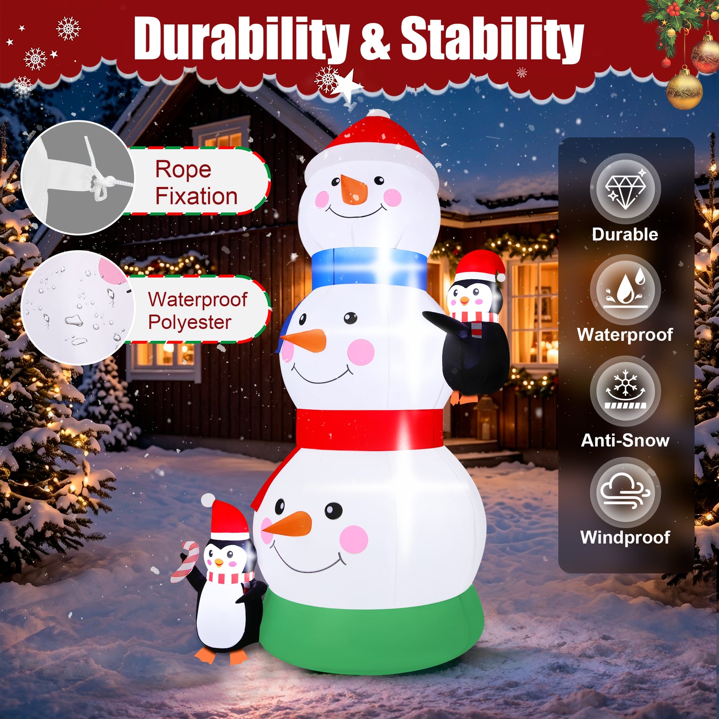 Firstness 6ft Tall Christmas Inflatables Three Snowman Two Penguins Christmas Blow ups Outdoor Decoration with LED Lights for Yard Garden Lawn