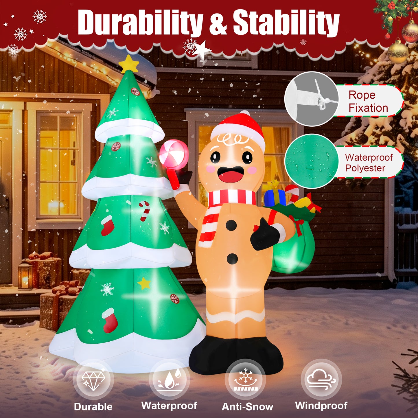 Firstness 6ft Tall Christmas Inflatables, Gingerbread Man and Christmas Tree Blow ups with LED Lights for Outdoor Yard Lawn Decorations