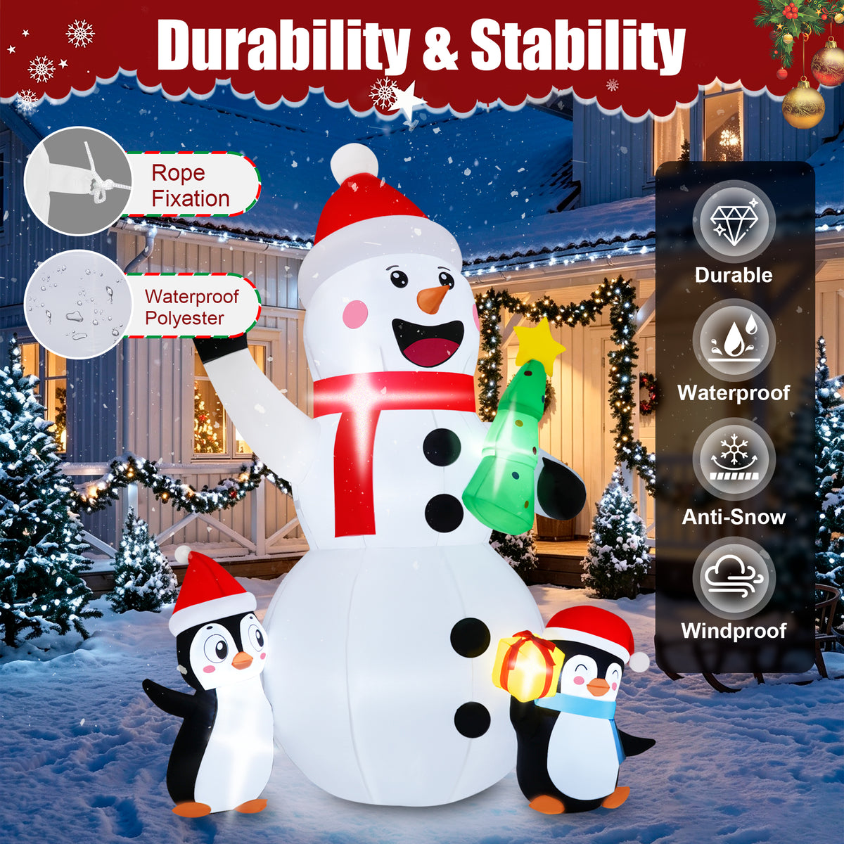 Firstness 6ft Christmas Inflatables, Snowmen Penguin Christmas Tree Gift Box with LED Lights Xmas Blow ups for Outdoor Yard Party Decorations
