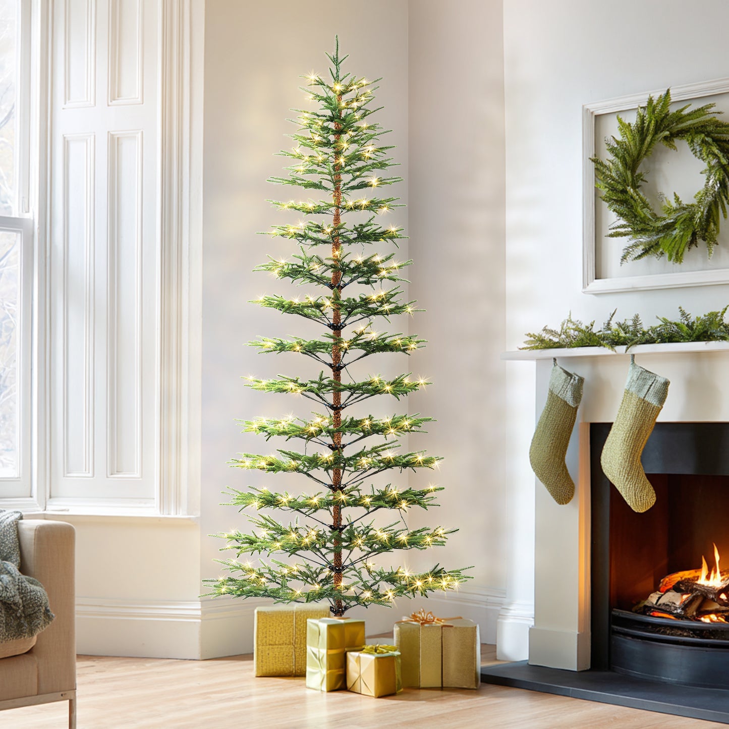 Firstness 6FT Christmas Tree Sparse Conifer, Prelit Artificial Tree with 300 Colorful Lights & 11 Modes, 250 Branch Tips, PE Material Easy Assembly Xmas Tree for Home Office Shop Holiday Decoration