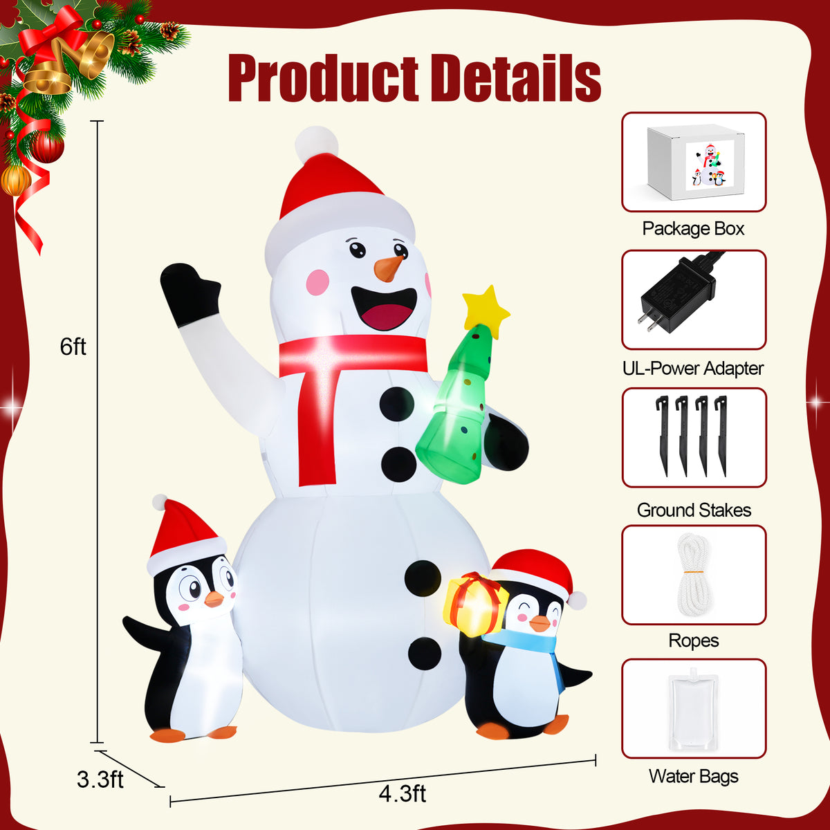 Firstness 6ft Christmas Inflatables, Snowmen Penguin Christmas Tree Gift Box with LED Lights Xmas Blow ups for Outdoor Yard Party Decorations