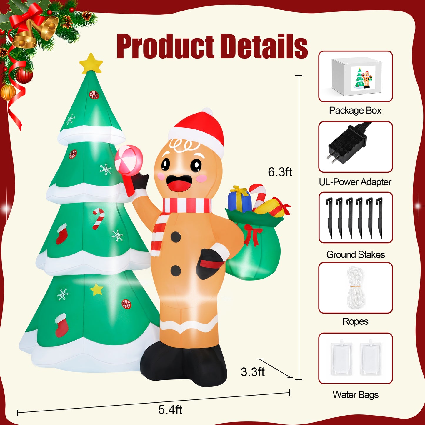Firstness 6ft Tall Christmas Inflatables, Gingerbread Man and Christmas Tree Blow ups with LED Lights for Outdoor Yard Lawn Decorations