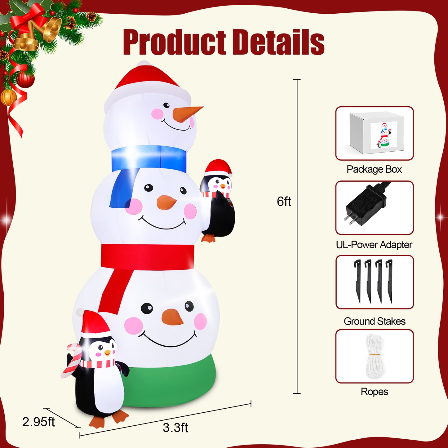 Firstness 6ft Tall Christmas Inflatables Three Snowman Two Penguins Christmas Blow ups Outdoor Decoration with LED Lights for Yard Garden Lawn