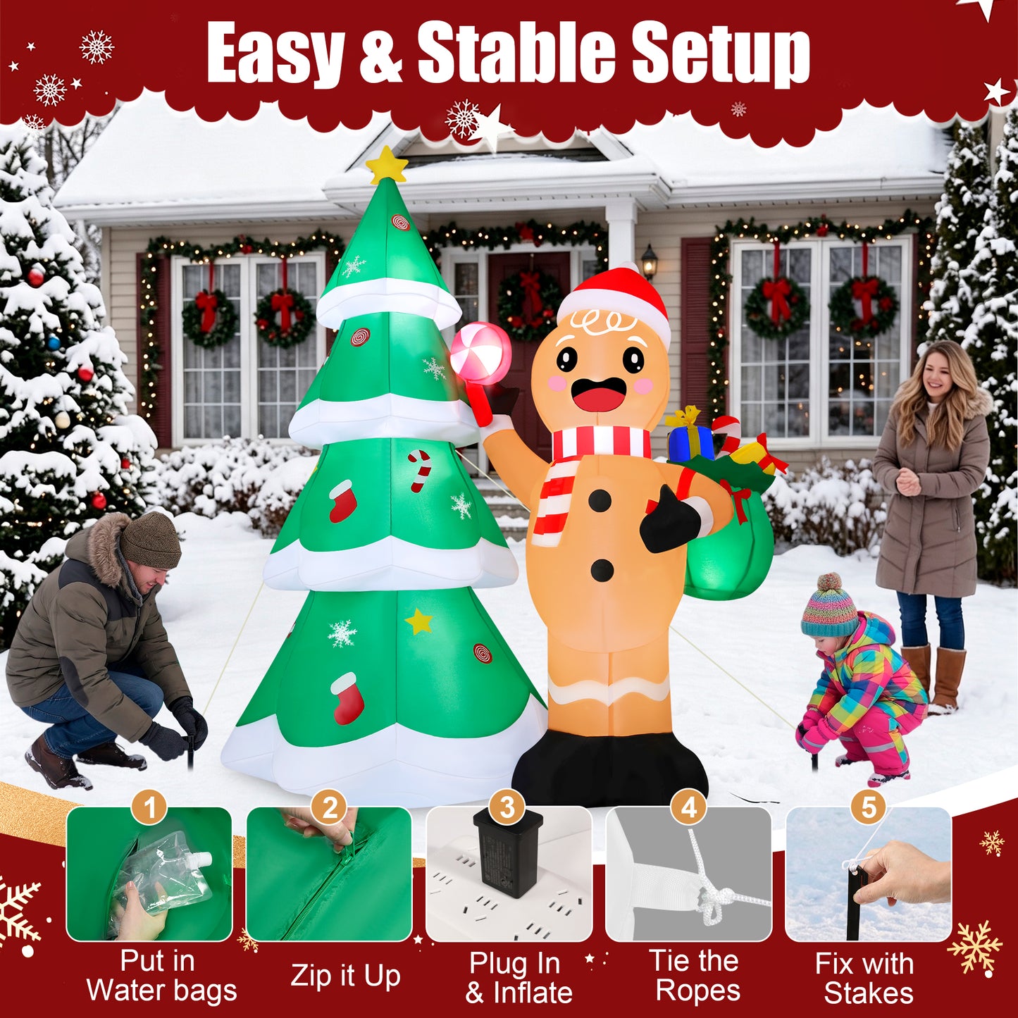 Firstness 6ft Tall Christmas Inflatables, Gingerbread Man and Christmas Tree Blow ups with LED Lights for Outdoor Yard Lawn Decorations