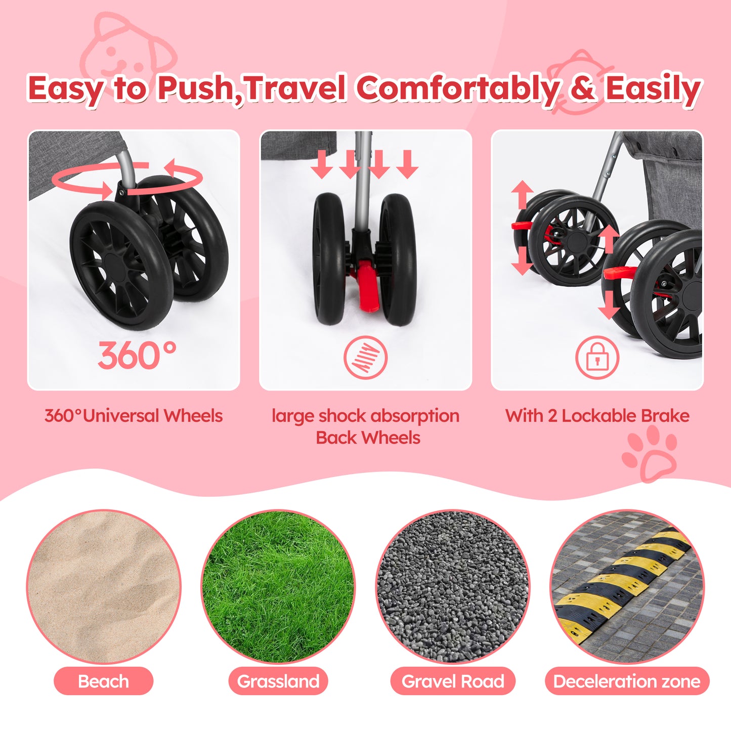 Monasem Pets Stroller, Dog Cat Stroller 3-in-1 Detachable Doggy Stroller with Portable Bag for Small Medium Dogs Travel(Pink)