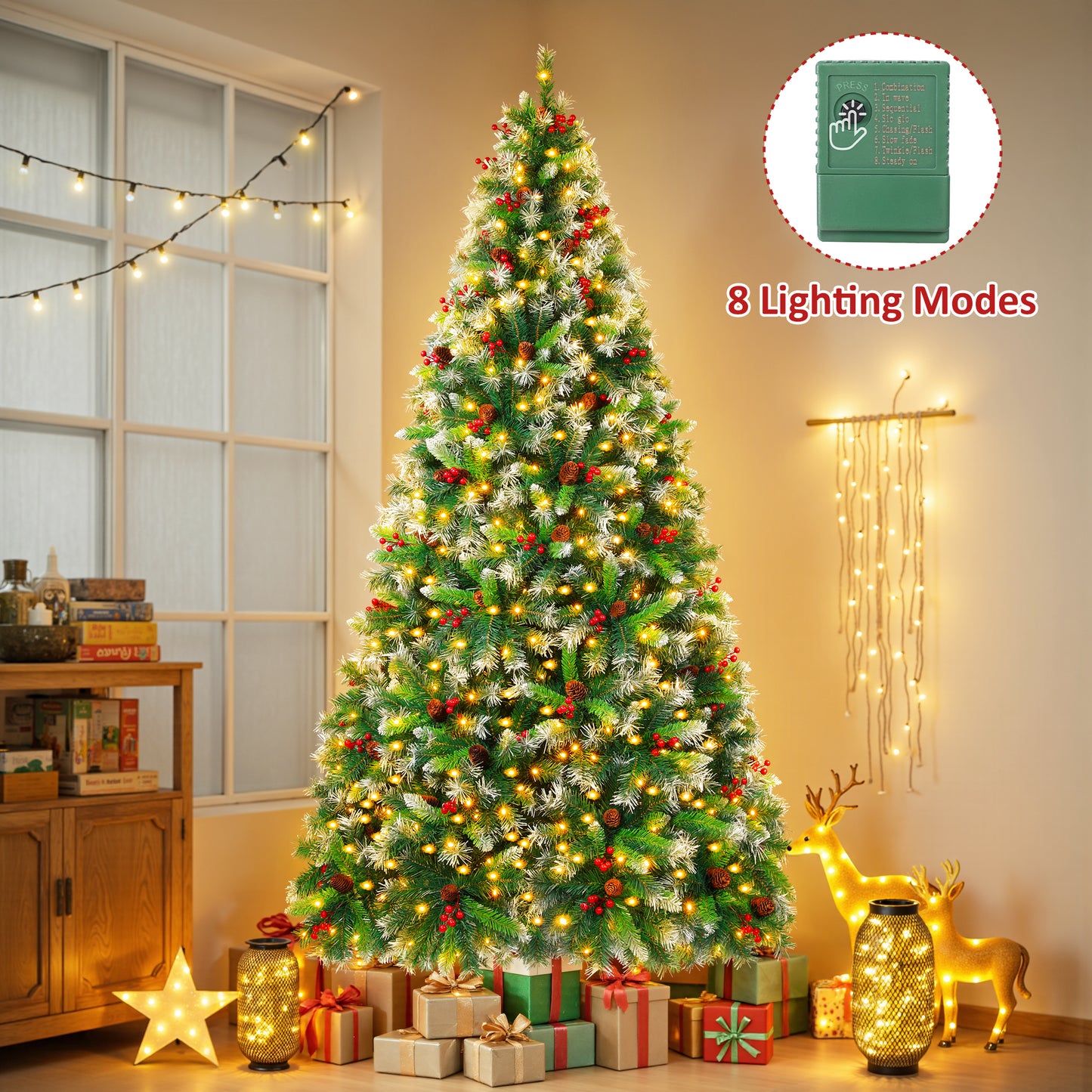 Firstness 6ft Pre-Lit Artificial Christmas Tree,Green Xmas Tree with 1000 Branch Tips 300 LED Lights,Pine Cones + Red Berries