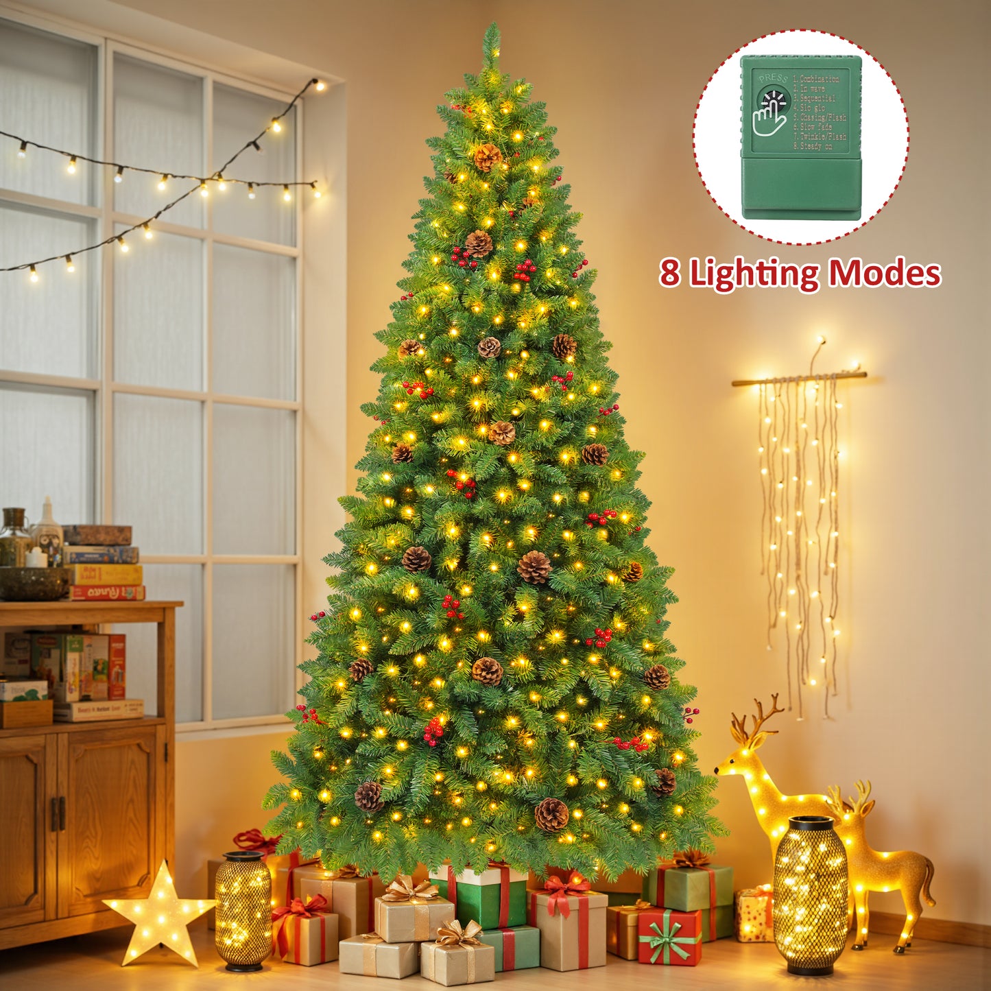 Firstness 6ft Pre-Lit Artificial Christmas Tree,Green Xmas Tree with Lights and Branch Tips,Pine Cones and Red Berries