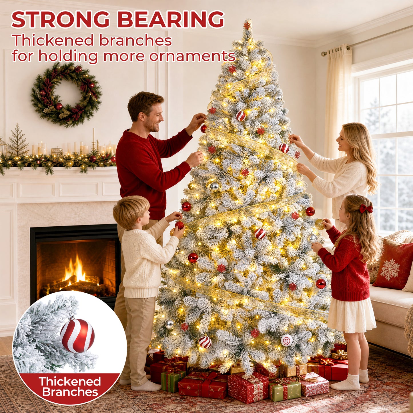 Firstness 7.5ft Pre-Lit Artificial Christmas Tree with 1400 Branches,11 lighting Mode Snow Flocked Xmas Tree with Storage Bag