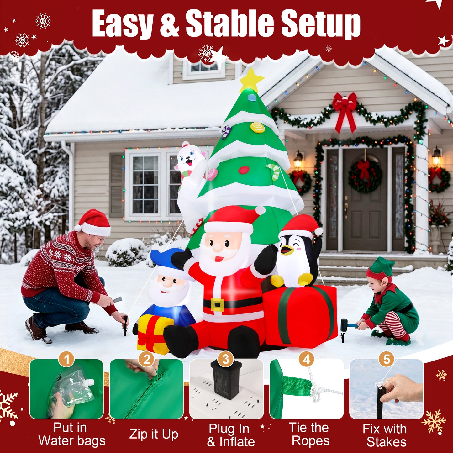 Firstness 7ft Christmas Inflatables with LED Lights,Blow ups Santa Claus Christmas Tree Penguin Bear Gift Boxs Xmas Outdoor Yard Decoration
