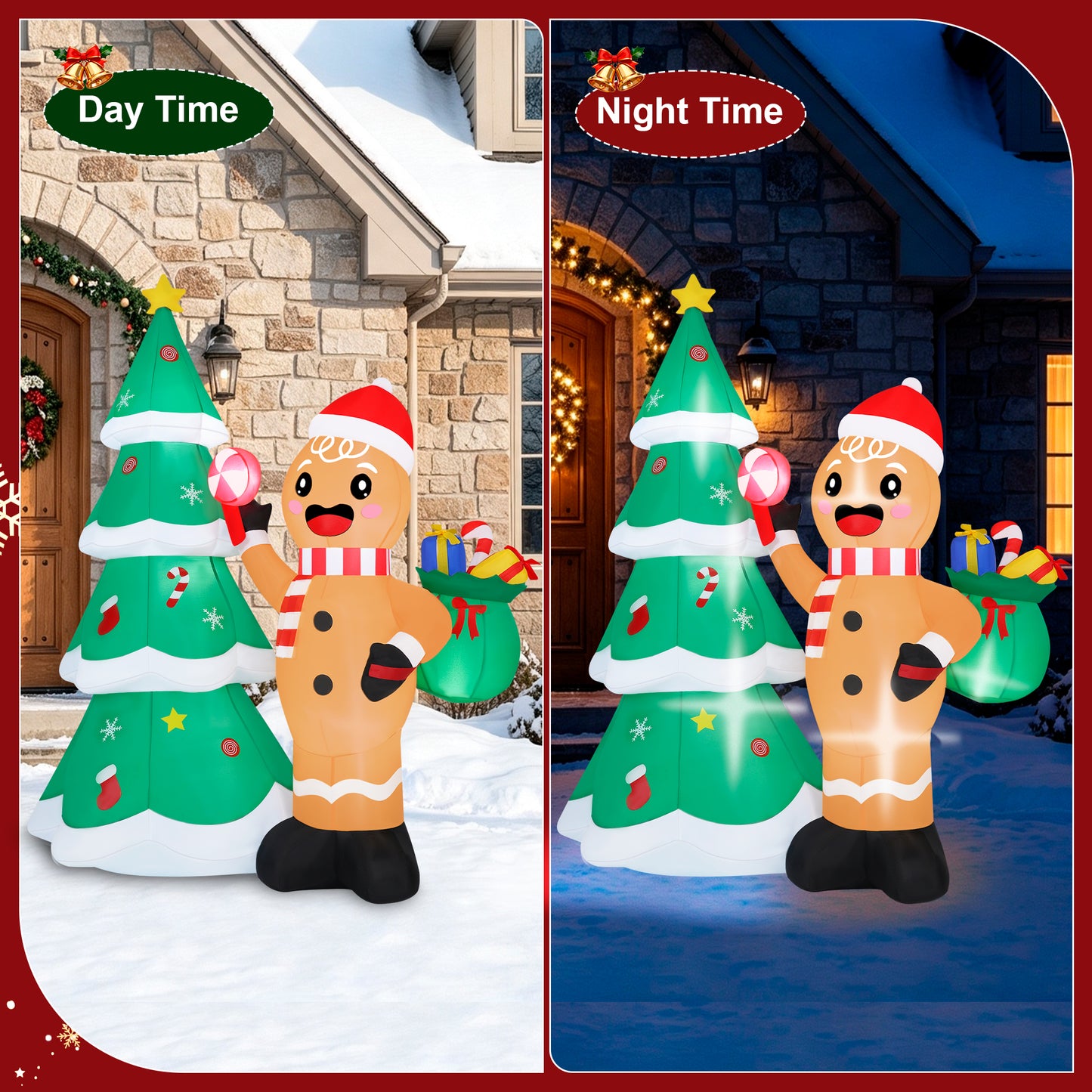Firstness 6ft Tall Christmas Inflatables, Gingerbread Man and Christmas Tree Blow ups with LED Lights for Outdoor Yard Lawn Decorations