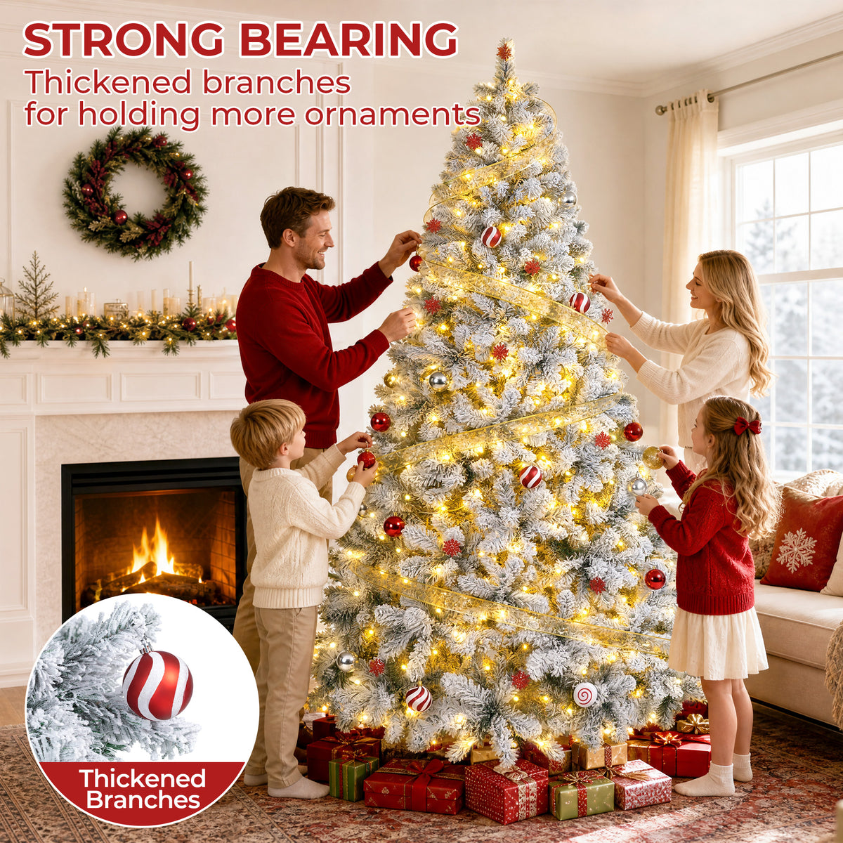 Firstness 6ft Pre-Lit Artificial Christmas Tree with 925 Branches,11 lighting Mode Snow Flocked Xmas Tree with Storage Bag