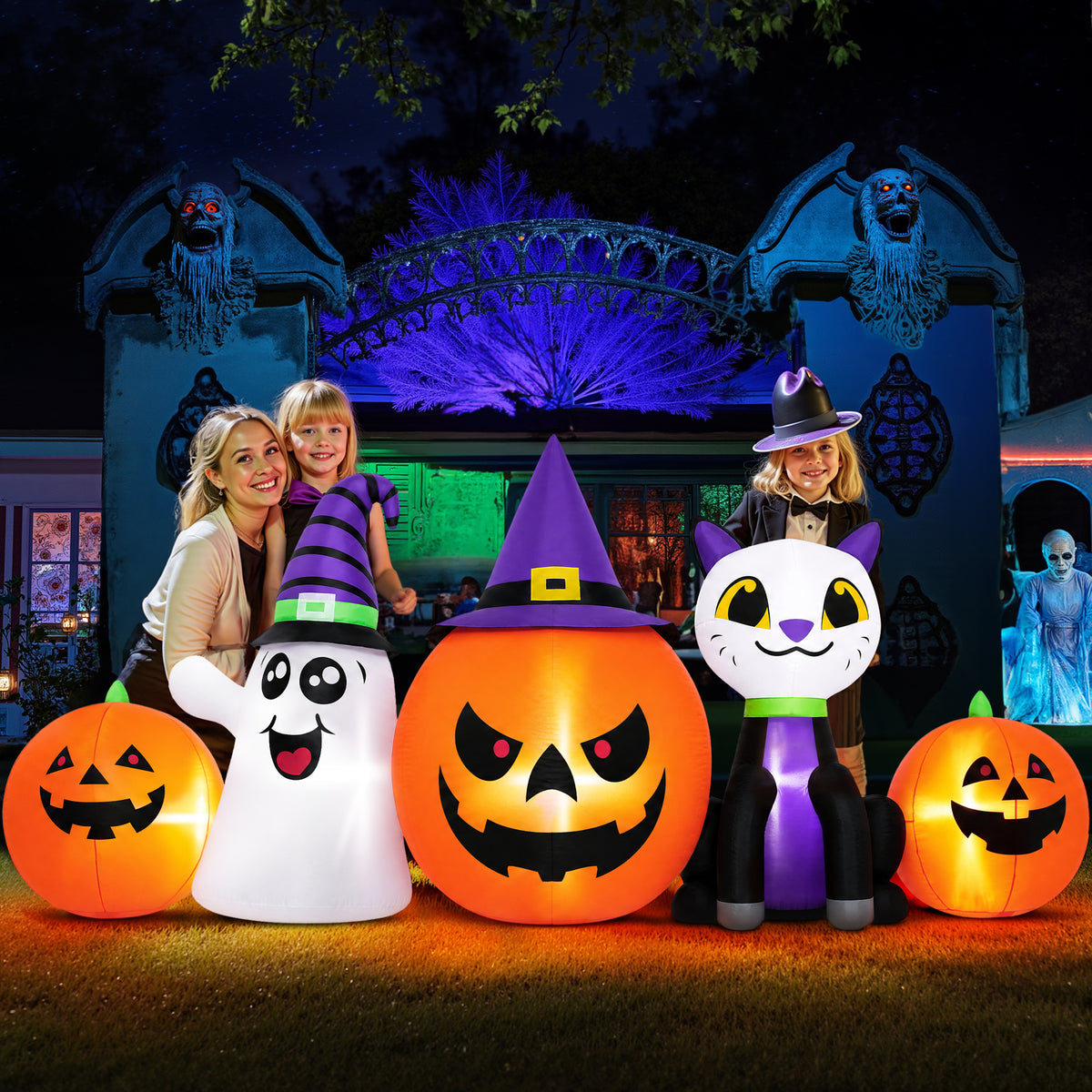 Firstness 8FT Halloween Inflatable Pumpkins Ghost Cat with Lights,Blow ups Outdoor Decorations for Yard