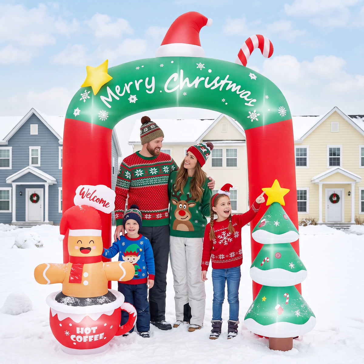 Firstness 9ft Christmas Inflatables Archway Christmas Blow ups with LED Lights, Arch Xmas Tree & Cup Gingerbread Man Outdoor Yard Decoration