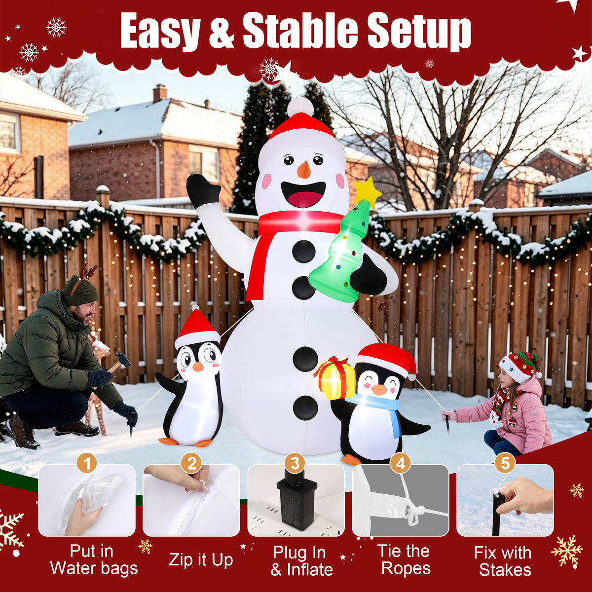 Firstness 6ft Christmas Inflatables, Snowmen Penguin Christmas Tree Gift Box with LED Lights Xmas Blow ups for Outdoor Yard Party Decorations