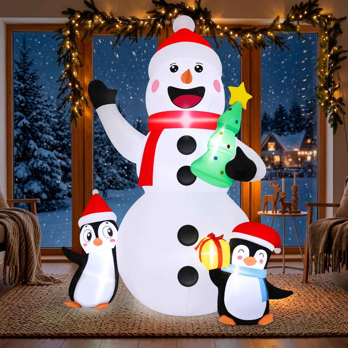 Firstness 6ft Christmas Inflatables, Snowmen Penguin Christmas Tree Gift Box with LED Lights Xmas Blow ups for Outdoor Yard Party Decorations