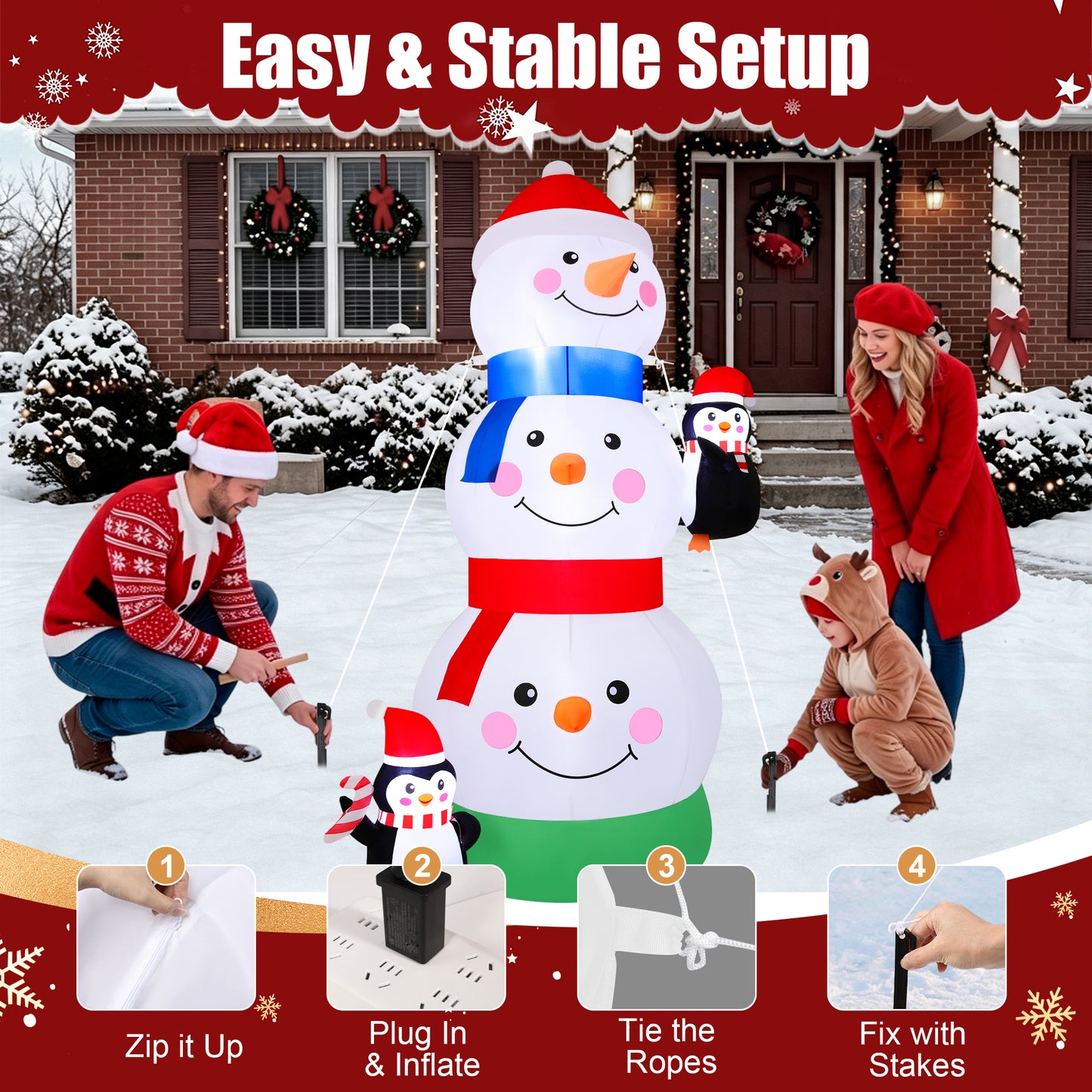 Firstness 6ft Tall Christmas Inflatables Three Snowman Two Penguins Christmas Blow ups Outdoor Decoration with LED Lights for Yard Garden Lawn