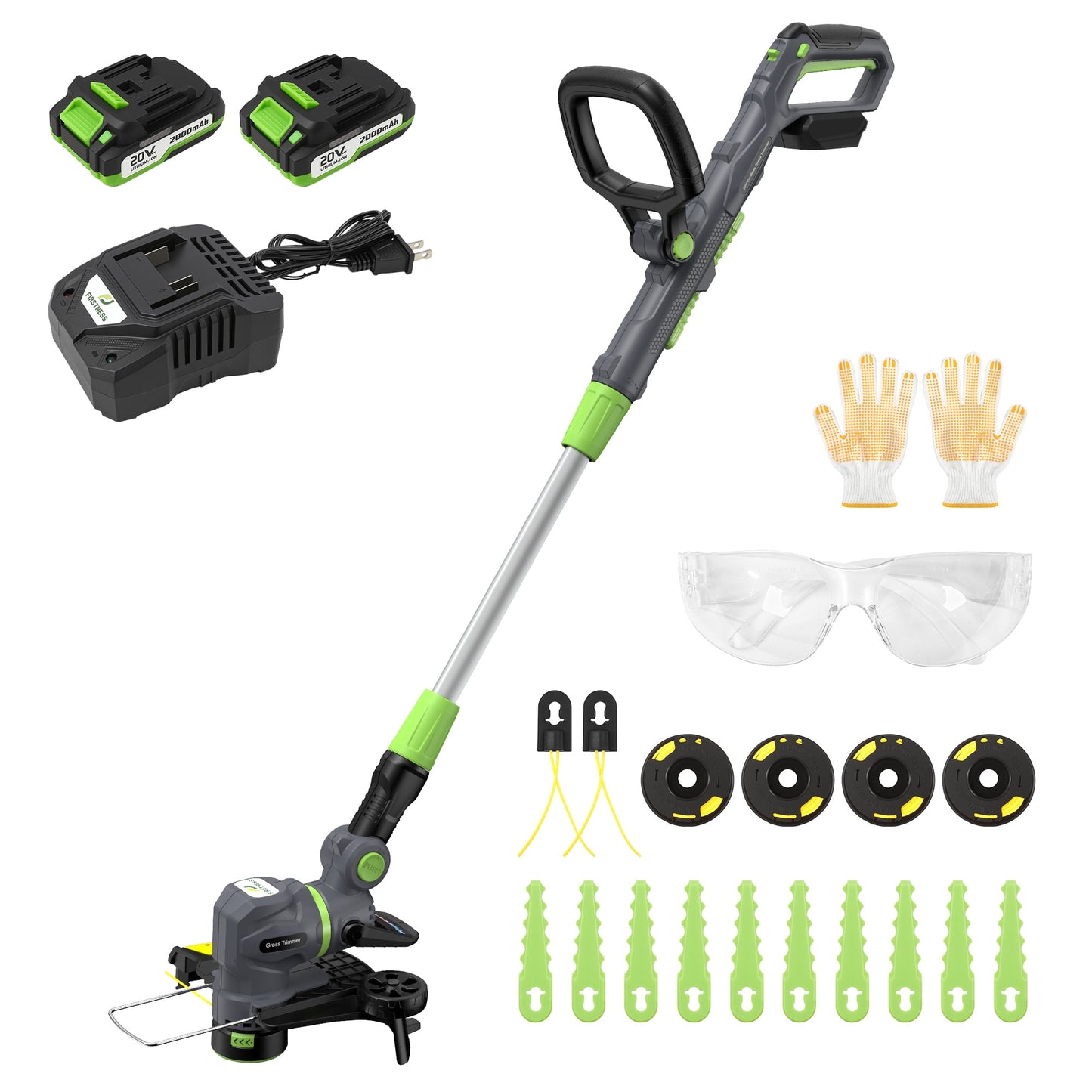Firstness String Trimmer Cordless, 20V Electric Weed Wacker with 2 Batteries & Charger, Powerful 8500 RPM, Grass Trimmer & Edger for Lawn Care, Yard, Garden, 3-in-1 Cutting Head, Lightweight 4.85lbs