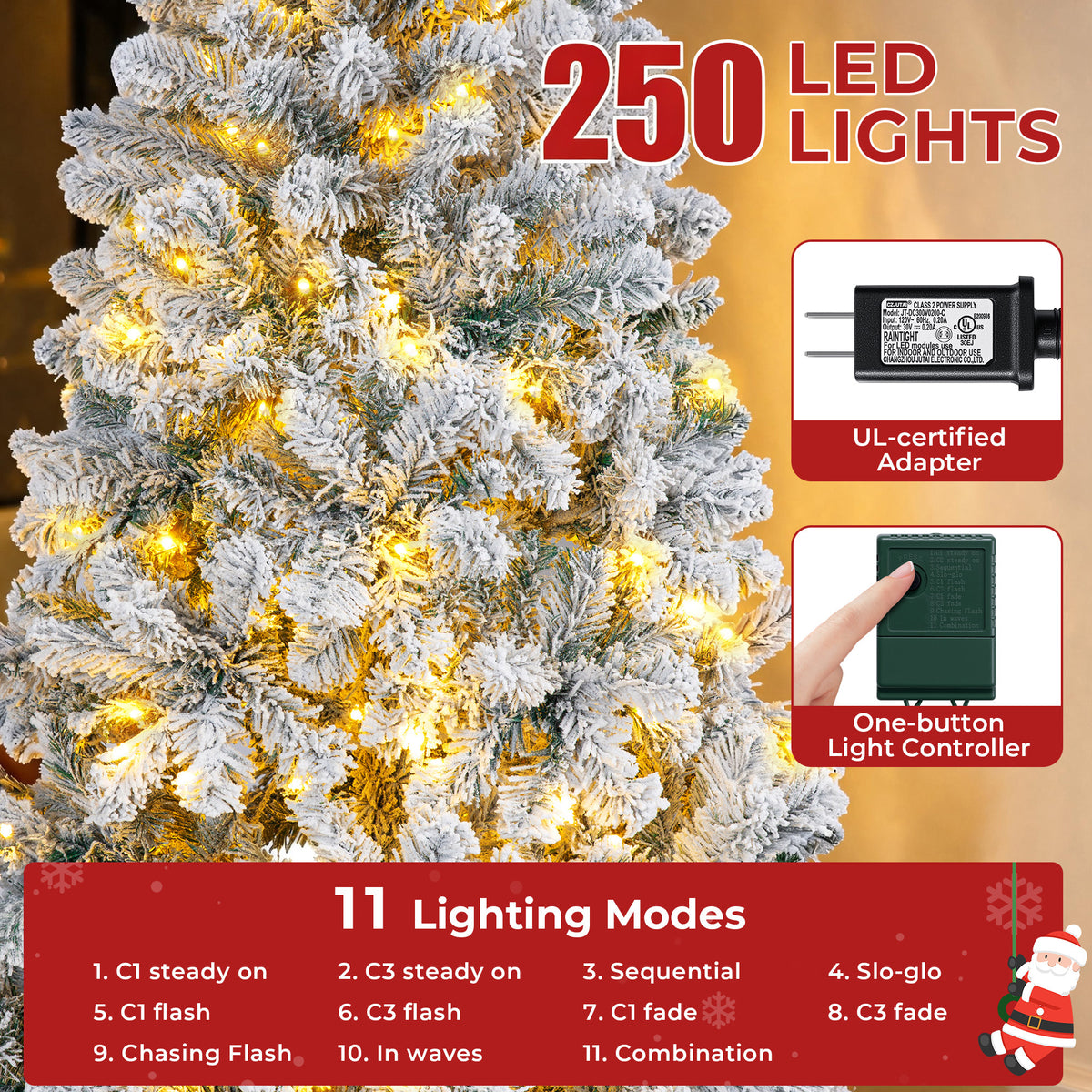Firstness 6ft Pre-Lit Artificial Christmas Tree with 925 Branches,11 lighting Mode Snow Flocked Xmas Tree with Storage Bag