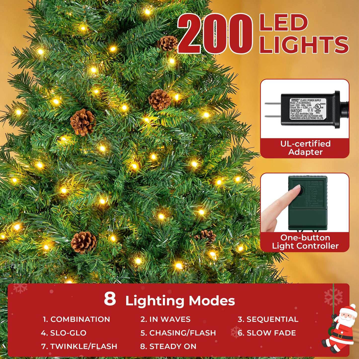 Firstness 6ft Pre-Lit Christmas Tree with 925 Branch Tips, Green Artificial Xmas Tree with Pine Cones, 8 Lighting Modes