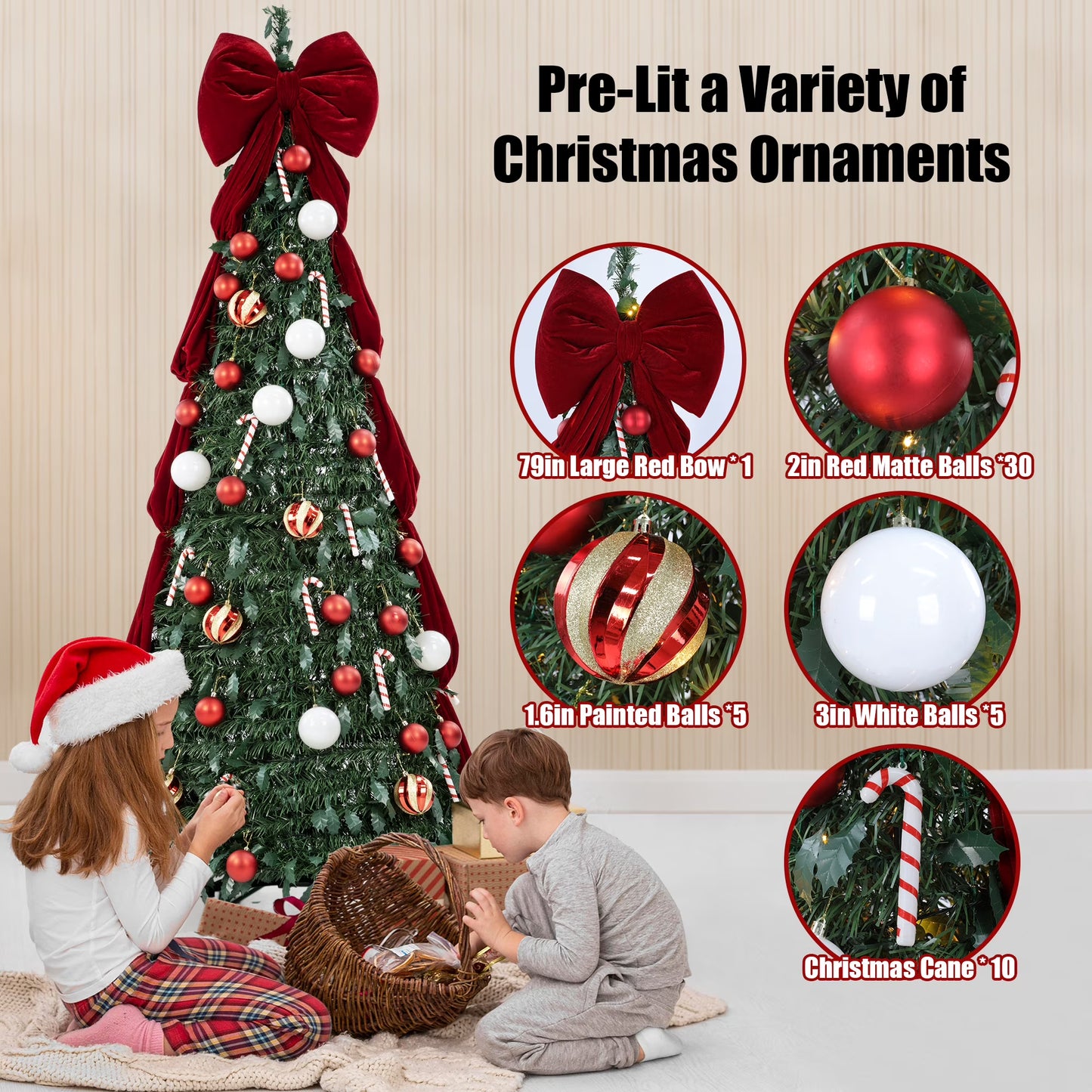 Firstness Christmas Tree 6/7.5FT, Pop up Pre Decorated Pre Lit Artificial Xmas Tree with 150 LED Lights, Large Bow & Ornaments, Lighted Christmas Tree for Holiday Party Decorations, Easy Installation