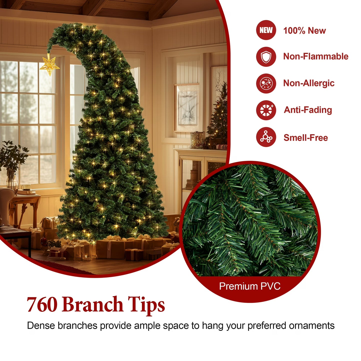 6/7.5FT Christmas Tree Crooked Neck, Prelit Artificial Xmas Tree with 600 Colorful Lights & 11 Modes, 1200 Branch Tips, PVC Bendable Top Christmas Tree for Home, Shop, Office, School Holiday Decor