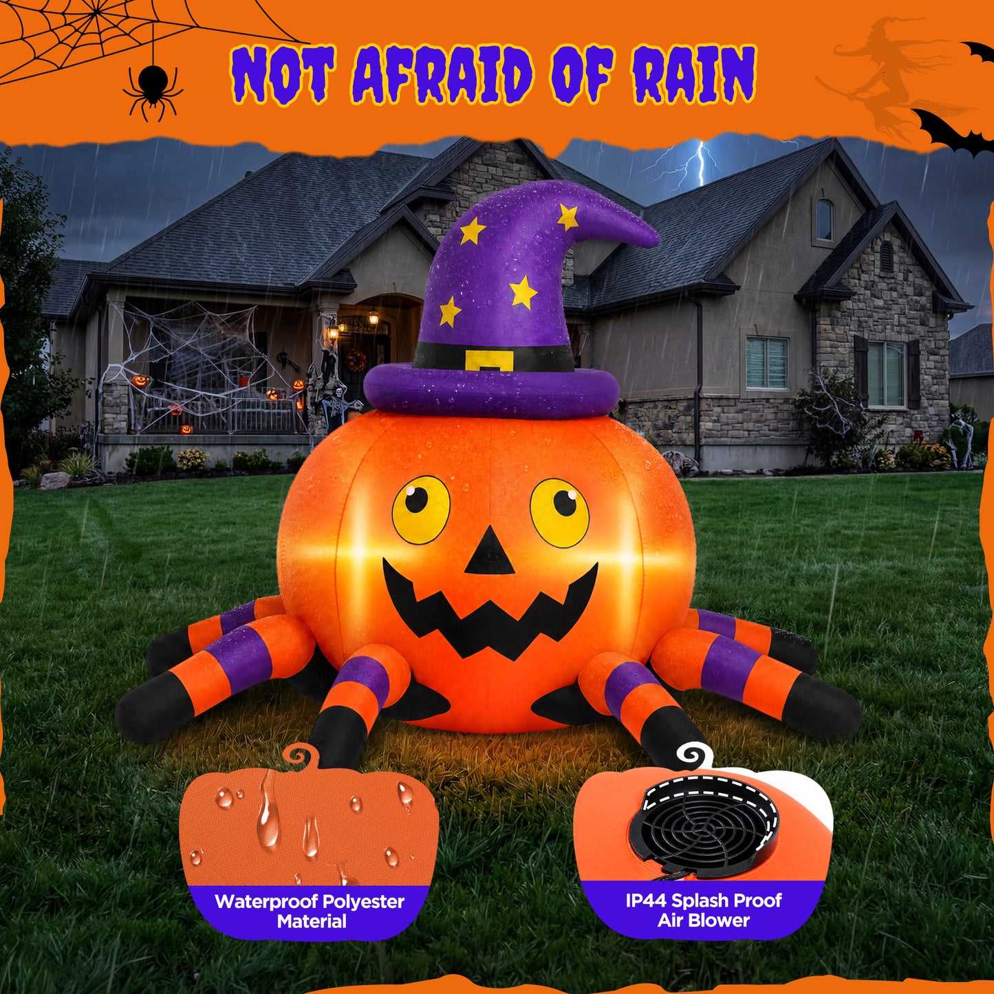 Firstness 6FT Halloween Inflatable Pumpkin Spider with LED Lights Outdoor Decorations for Yard Party