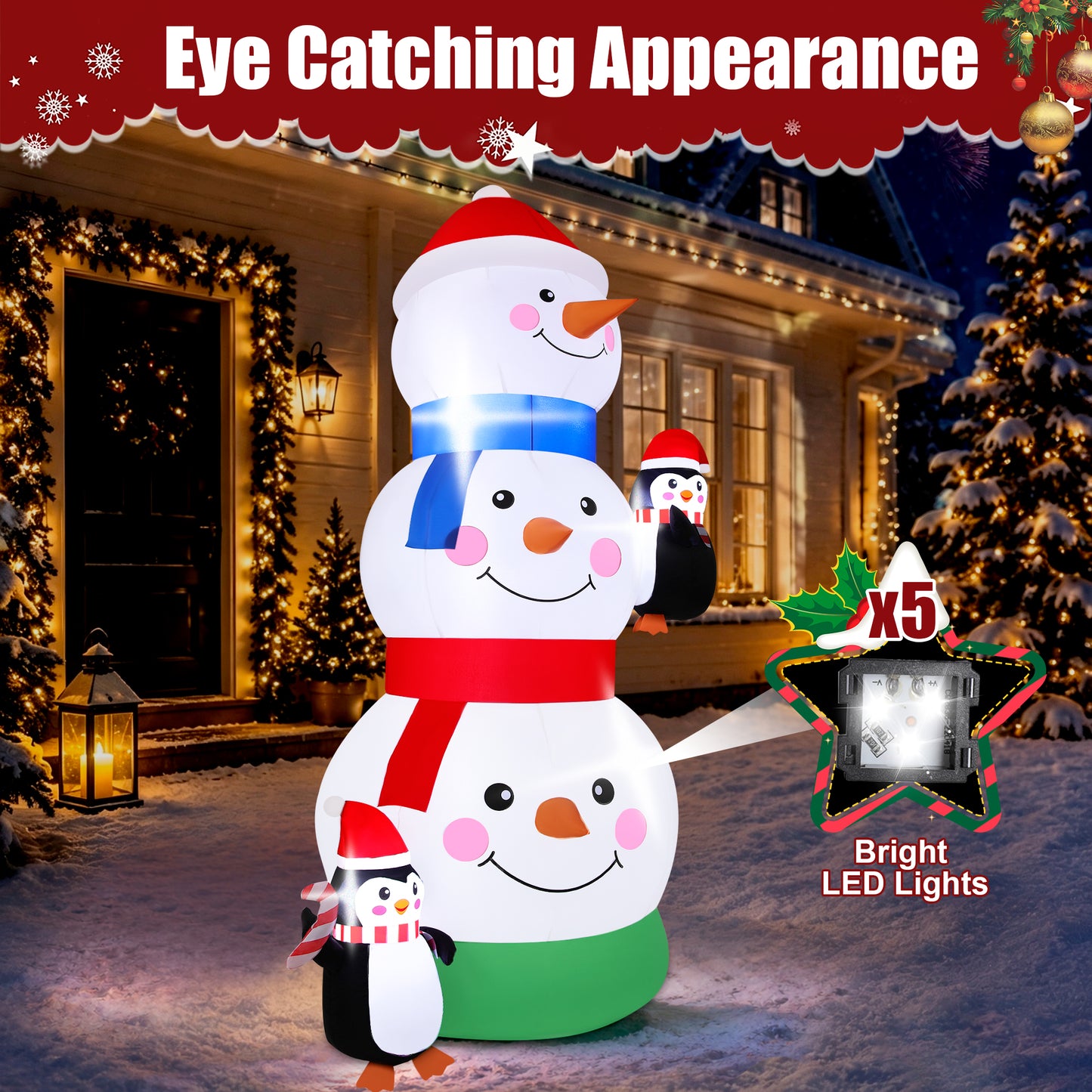 Firstness 6ft Tall Christmas Inflatables Three Snowman Two Penguins Christmas Blow ups Outdoor Decoration with LED Lights for Yard Garden Lawn