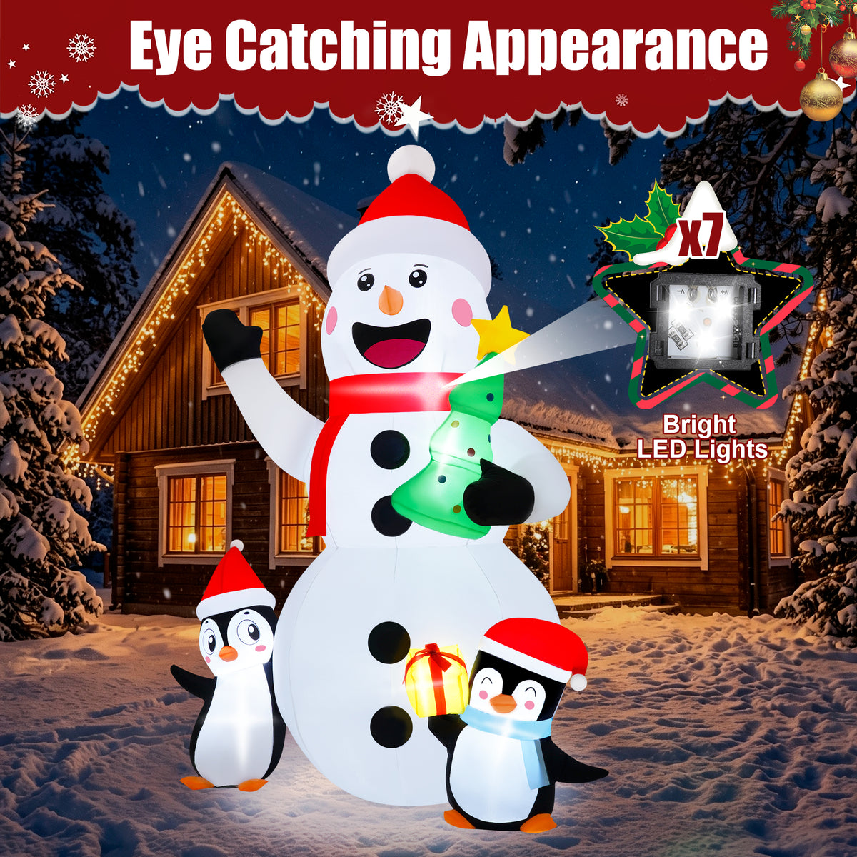 Firstness 6ft Christmas Inflatables, Snowmen Penguin Christmas Tree Gift Box with LED Lights Xmas Blow ups for Outdoor Yard Party Decorations