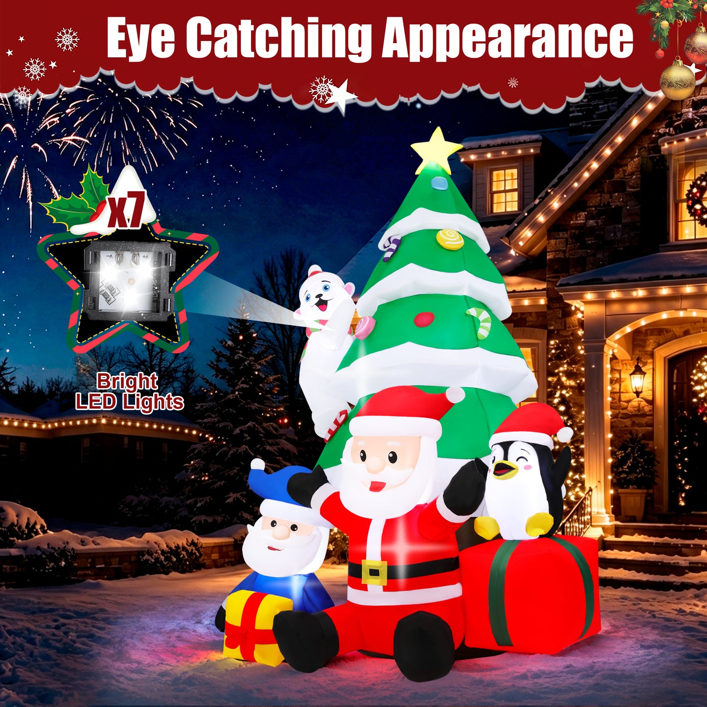 Firstness 7ft Christmas Inflatables with LED Lights,Blow ups Santa Claus Christmas Tree Penguin Bear Gift Boxs Xmas Outdoor Yard Decoration