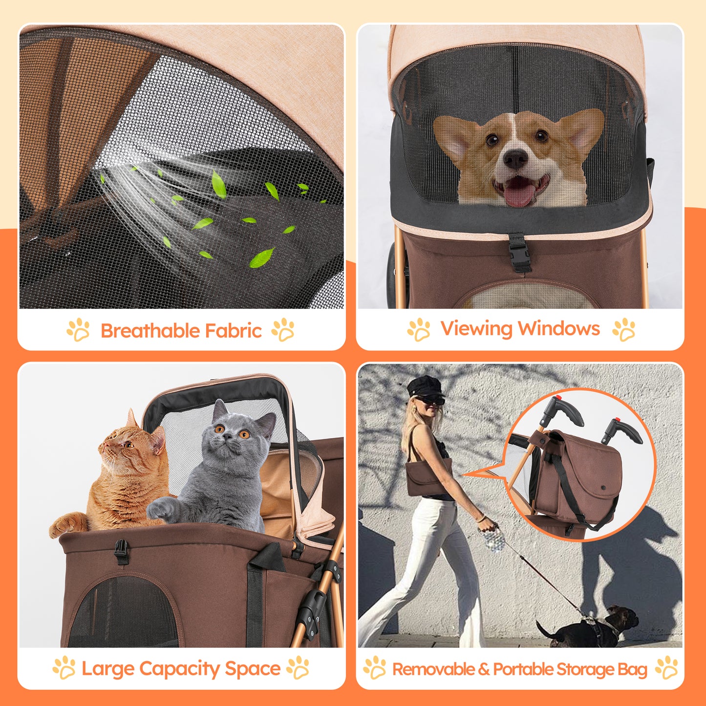 Monasem 4 Wheels Foldable Pet Stroller 3 in 1 with Waterproof Detachable Pets Travel Carrier for Small/Medium Dogs Cats up to 60lbs, Brown