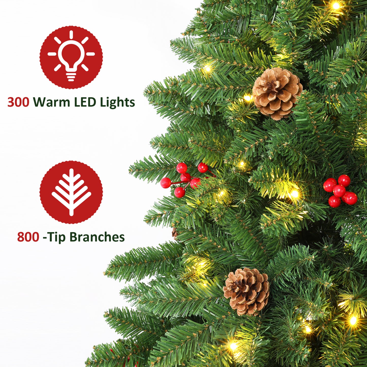 Firstness 6ft Pre-Lit Artificial Christmas Tree,Green Xmas Tree with Lights and Branch Tips,Pine Cones and Red Berries