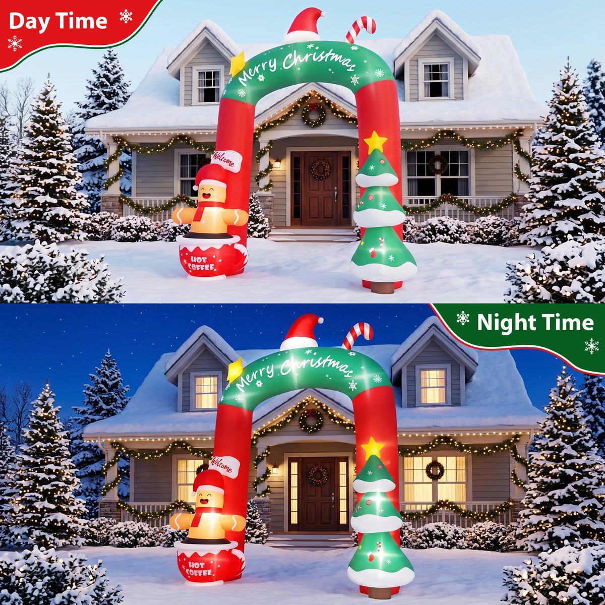 Firstness 9ft Christmas Inflatables Archway Christmas Blow ups with LED Lights, Arch Xmas Tree & Cup Gingerbread Man Outdoor Yard Decoration