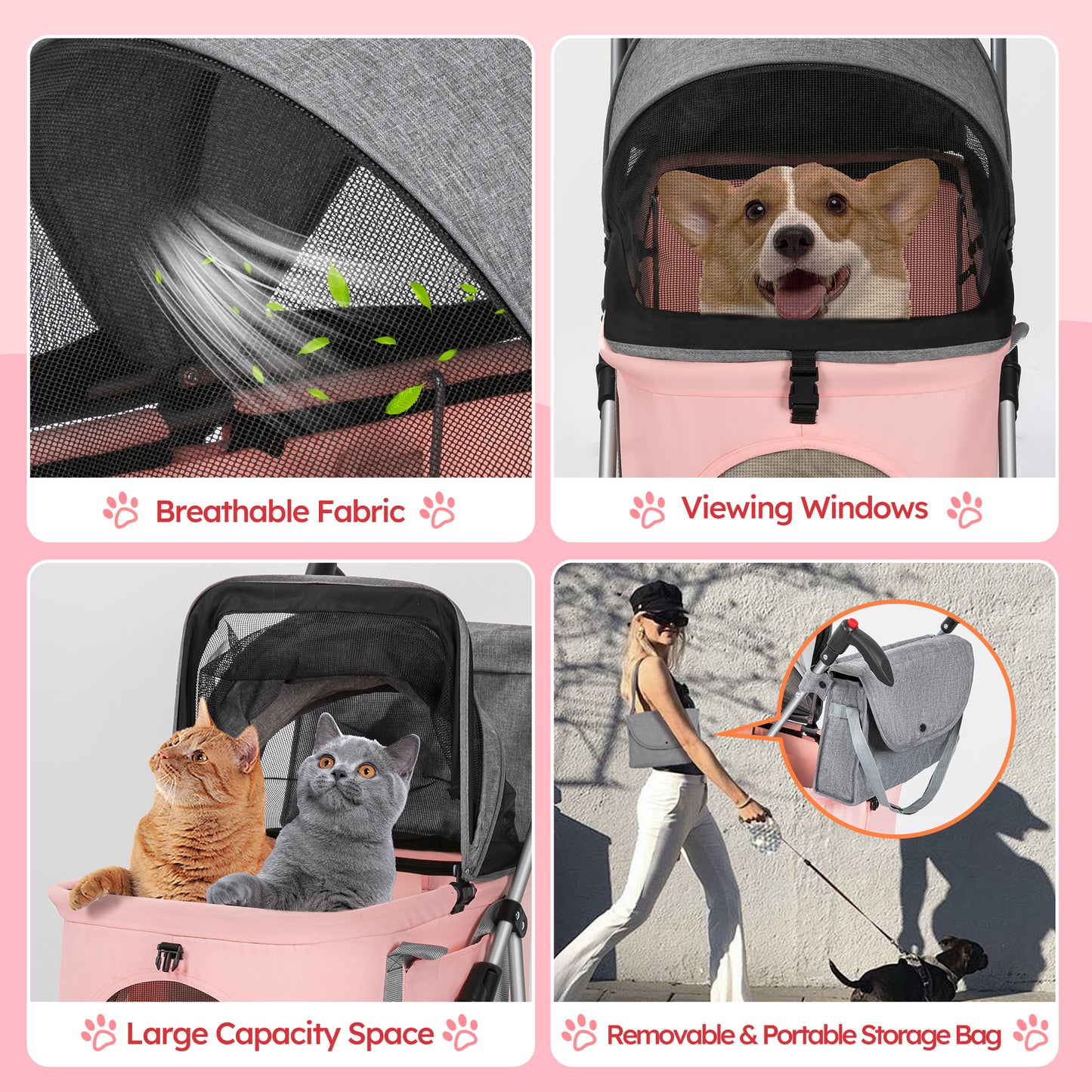 Monasem Pets Stroller, Dog Cat Stroller 3-in-1 Detachable Doggy Stroller with Portable Bag for Small Medium Dogs Travel(Pink)